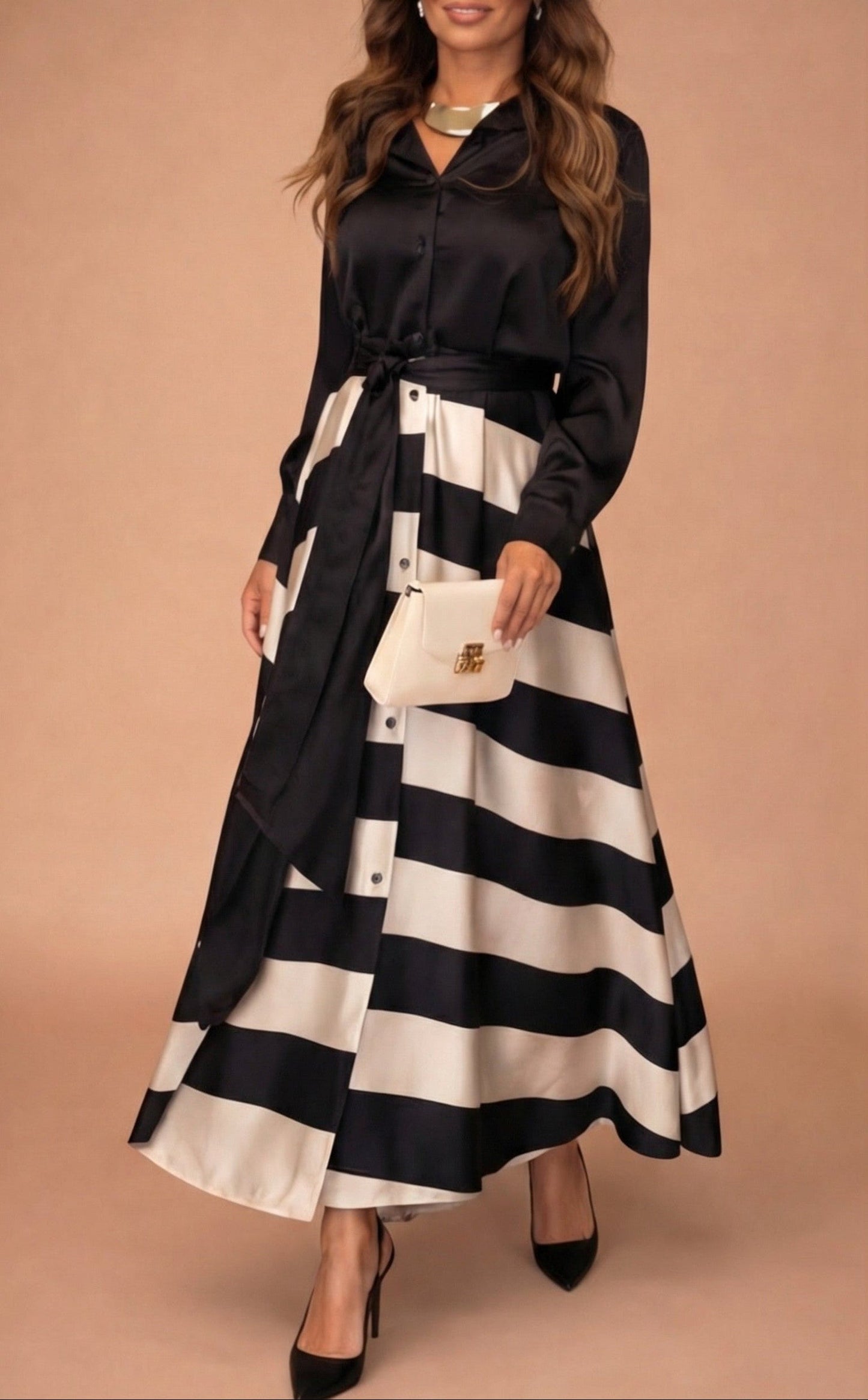 Sofía - Vestido Largo A Rayas Con Encaje